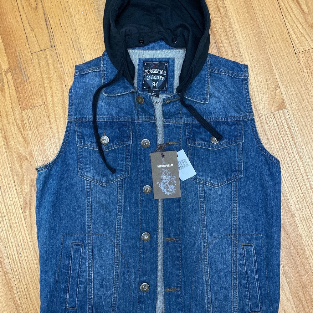 MENSFIELD CULTURE MEN’S BLUE BUTTON FRONT WITH REMOVABLE HOOD DENIM VEST JACKET